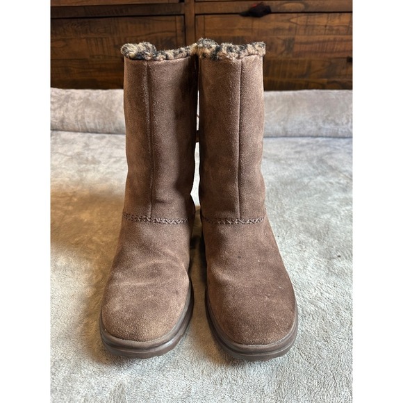 UGG Suede Leather Tall Boots Brown Bow Accents Leopard Print Trim Size 9 - Picture 3 of 7